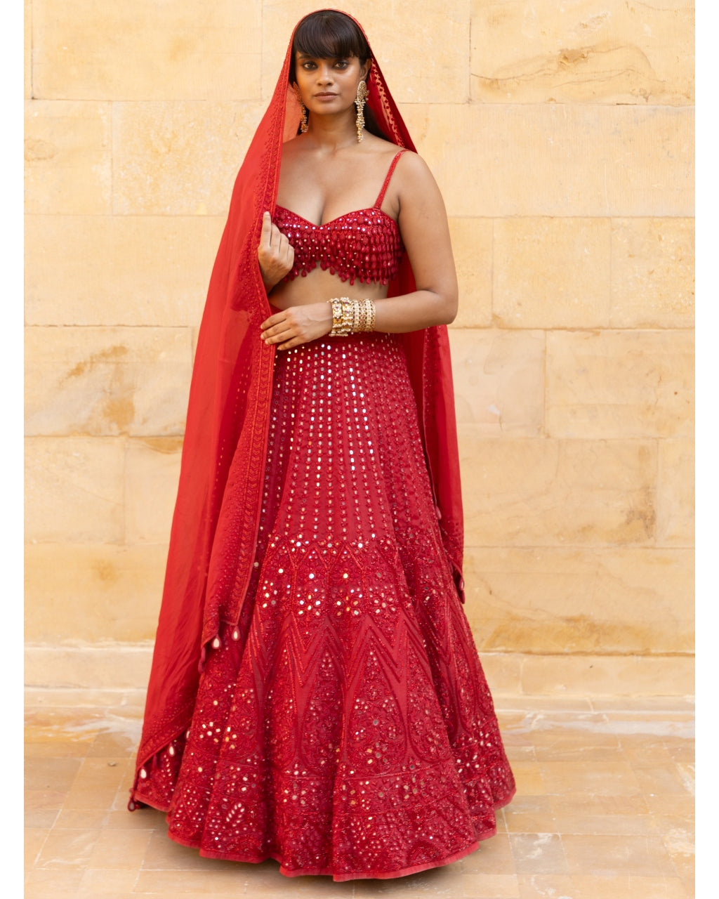 Red Mirror & Cutdana Embroidered Lehenga Set