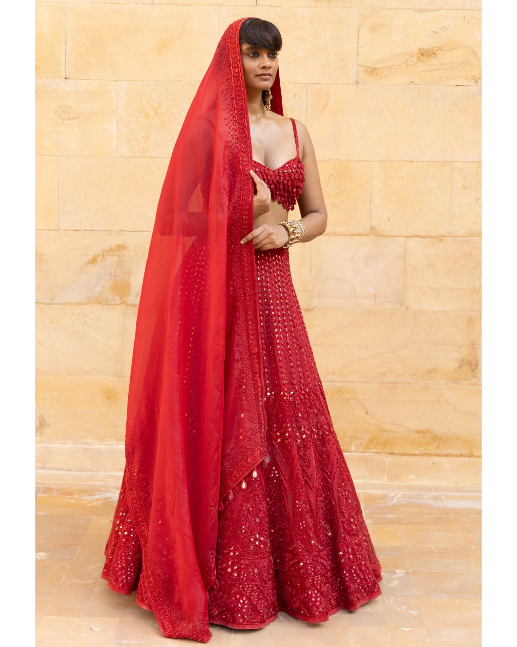 Red Mirror & Cutdana Embroidered Lehenga Set