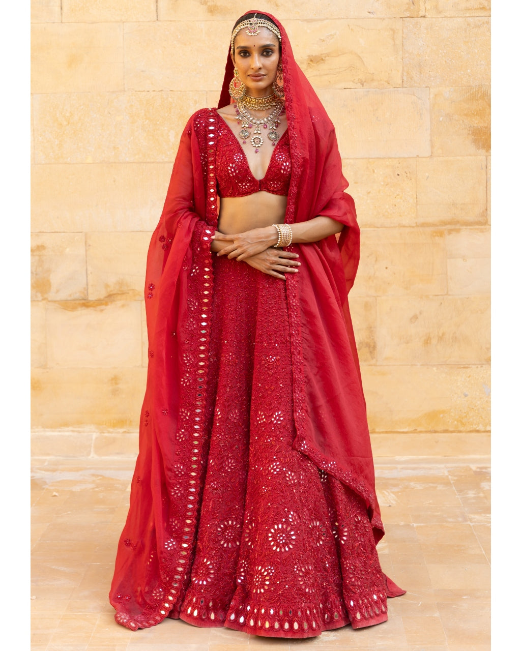 Red Mirror Embroidered Lehenga Set