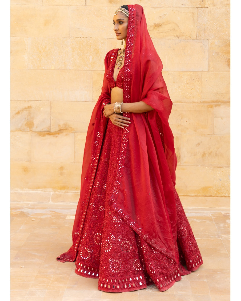Red Mirror Embroidered Lehenga Set Arpita Mehta XL 46 with Veil