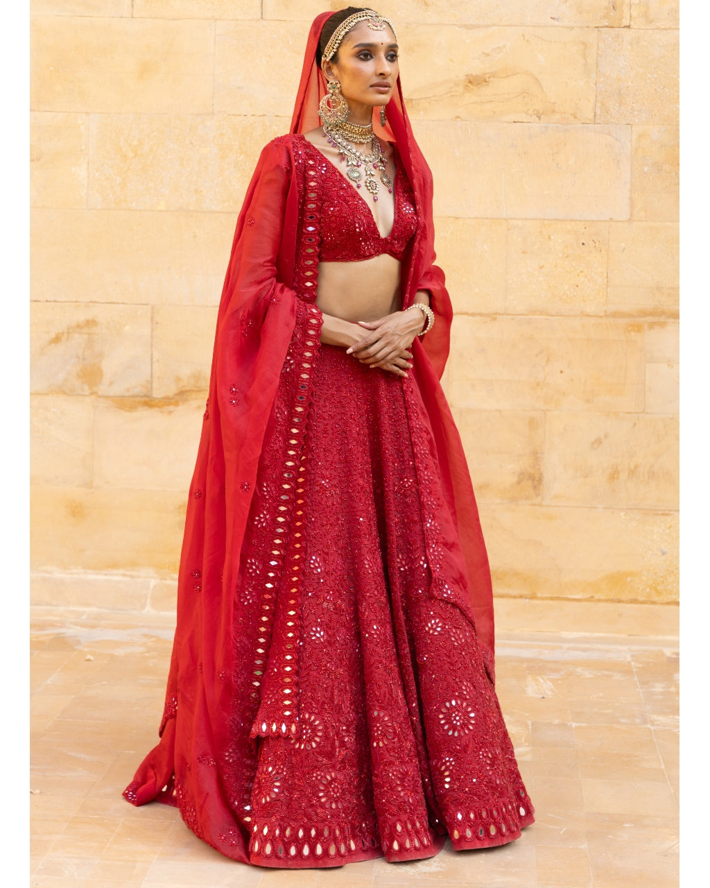 Red Mirror Embroidered Lehenga Set