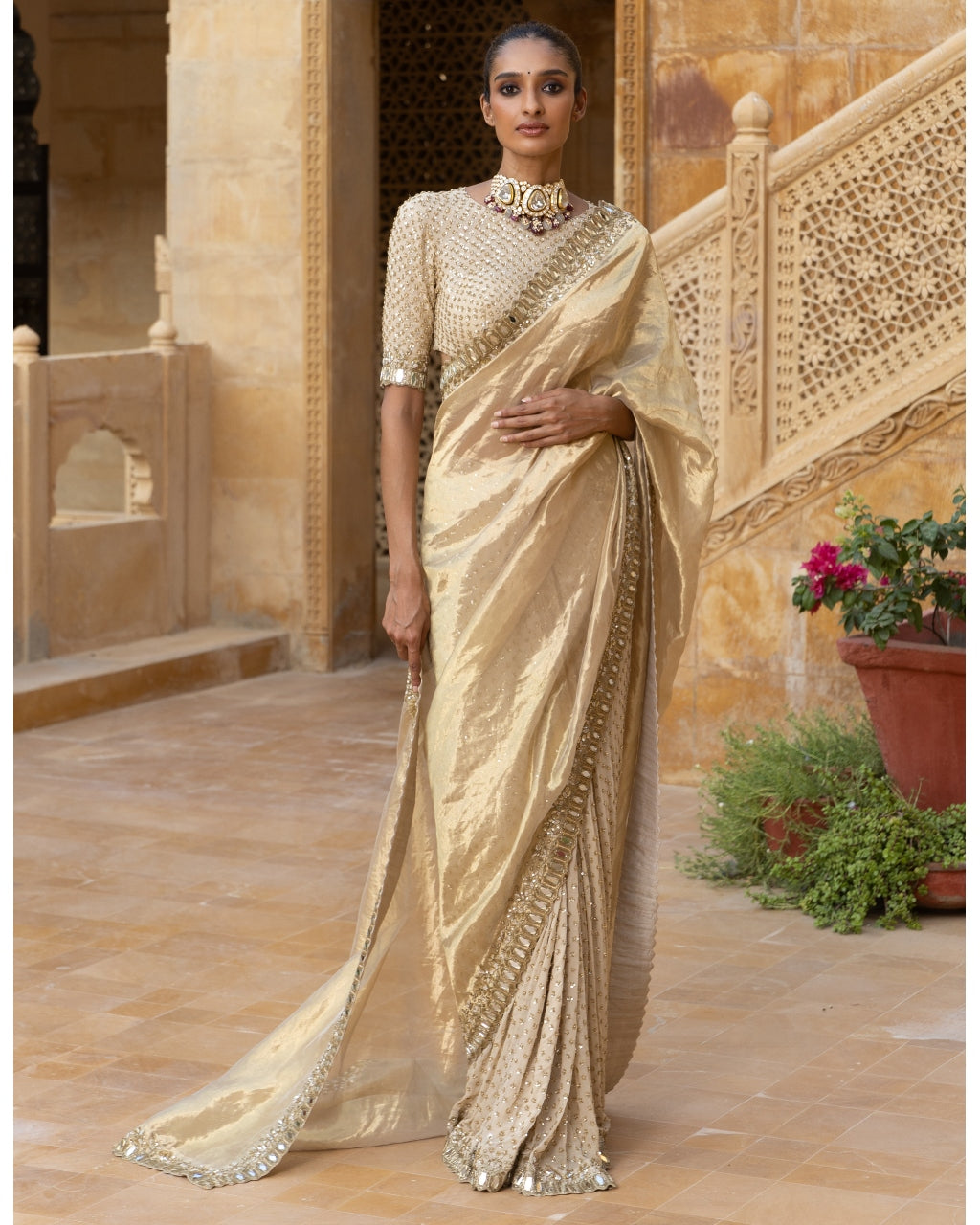 Gold Tissue & Georgette Sari Set