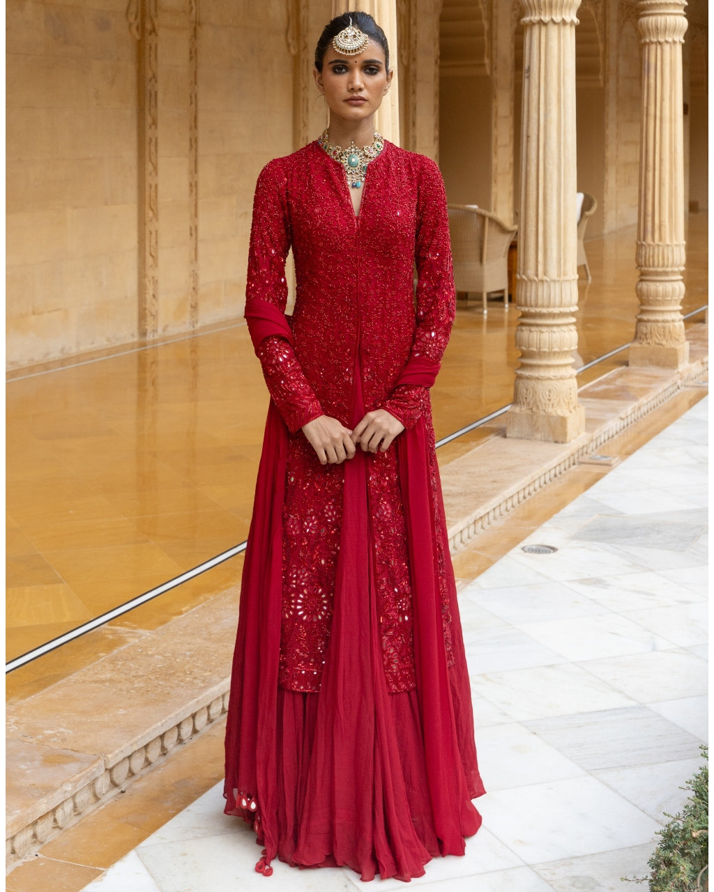 Red Sequins Embroidered Kurta Sharara Set