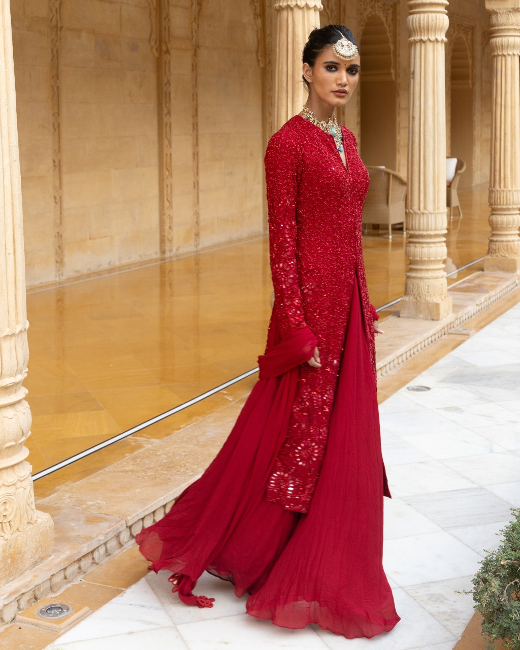 Red Sequins Embroidered Kurta Sharara Set