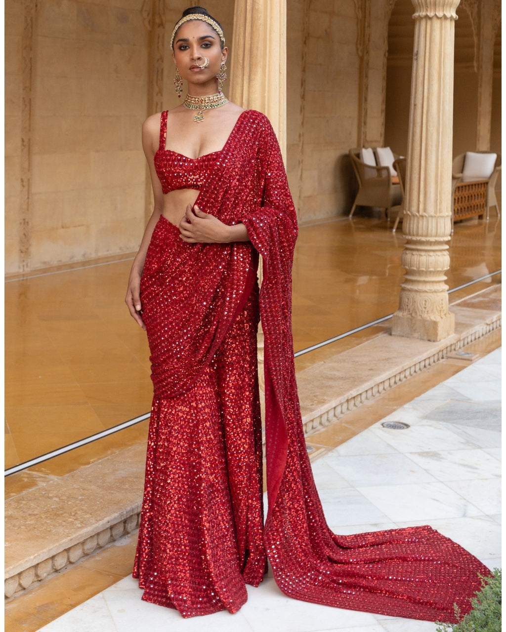 Red Sequins Embroidered Sari Set