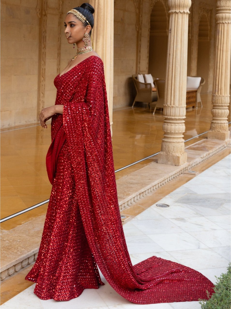 Red Sequins Embroidered Sari Set