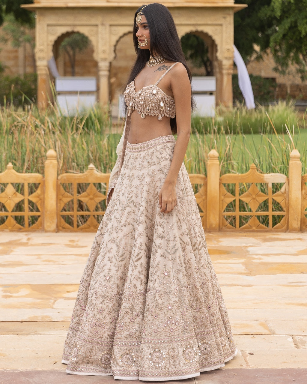 Coconut & Rose Gold Embroidered Lehenga Set