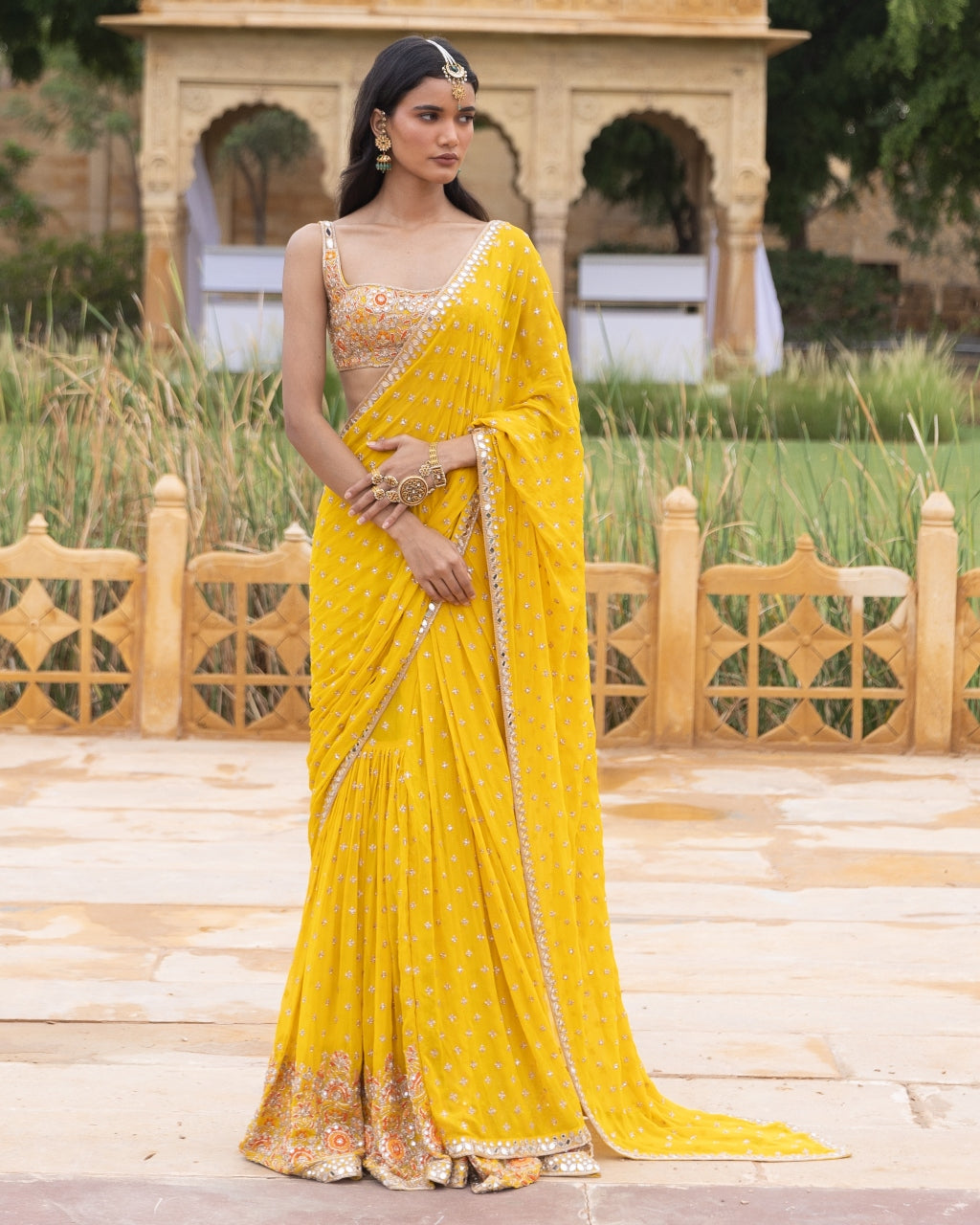Yellow Colourful Embroidered Sari Set