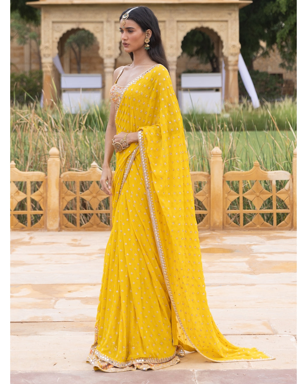 Yellow Colourful Embroidered Sari Set