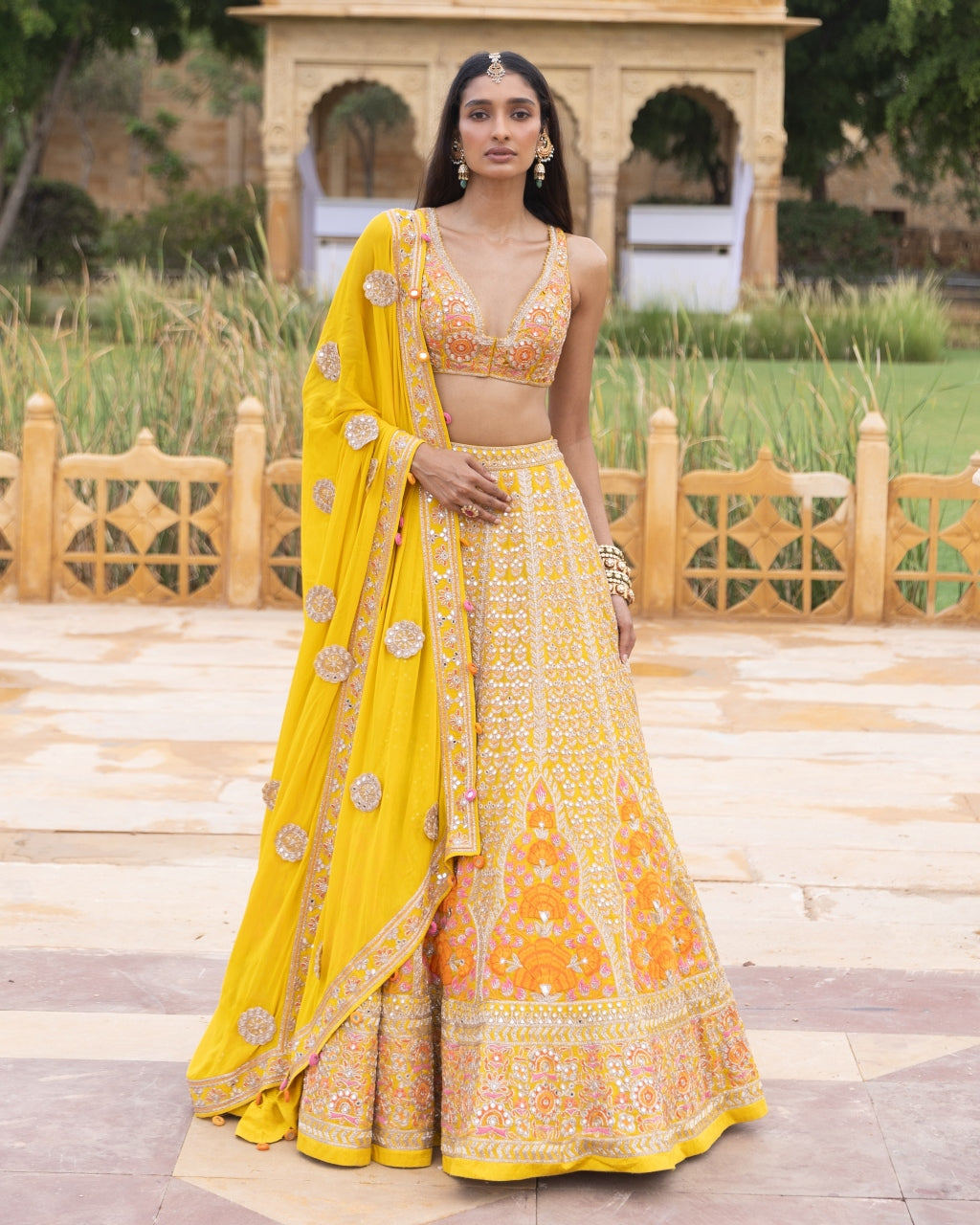 Yellow Colourful Mirror Embroidered Lehenga Set