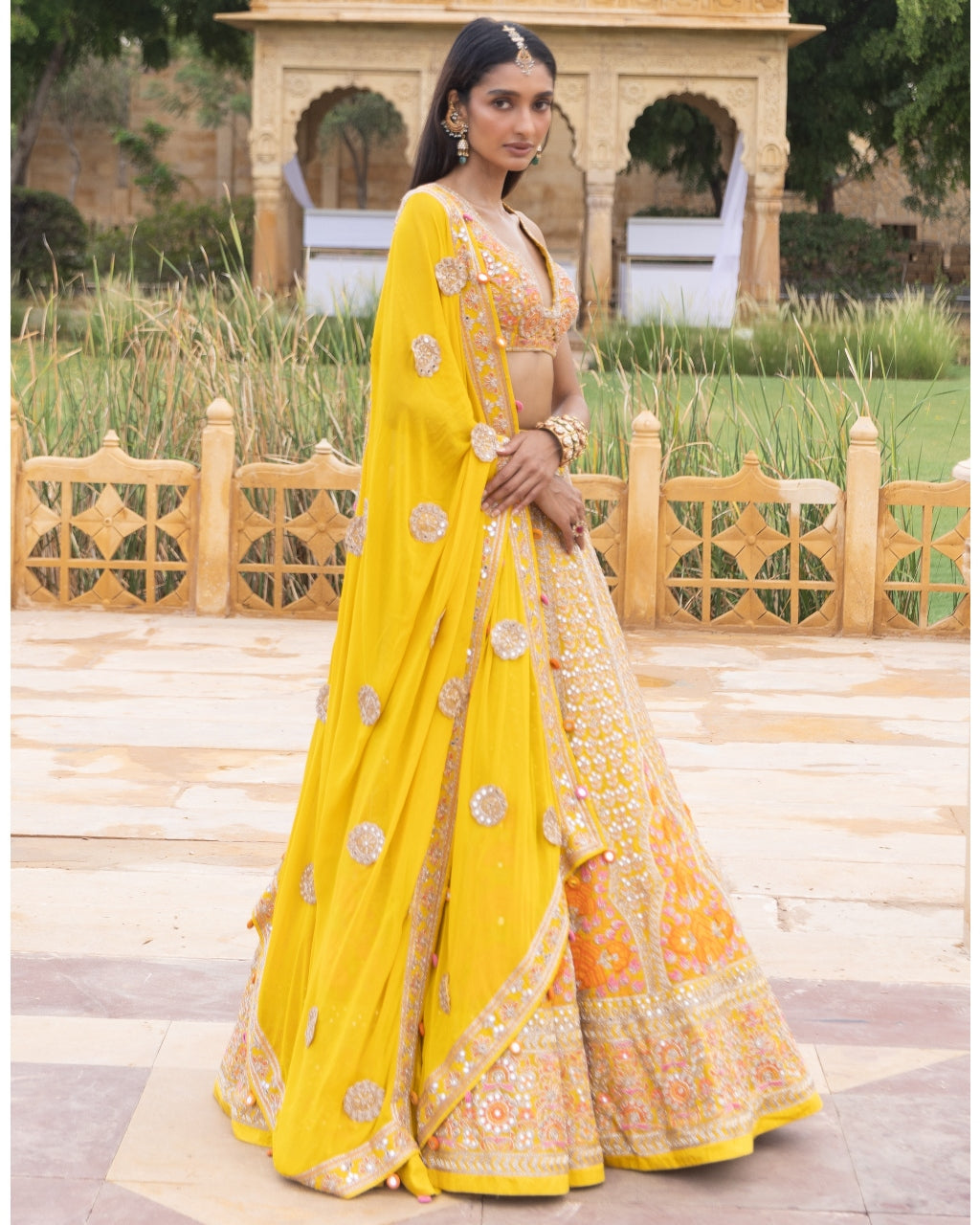 Yellow Colourful Mirror Embroidered Lehenga Set