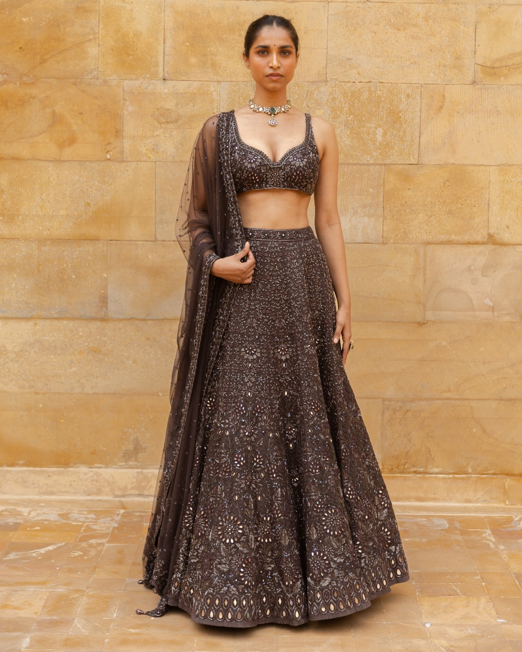 Brown Sequin Embroidered Lehenga Set