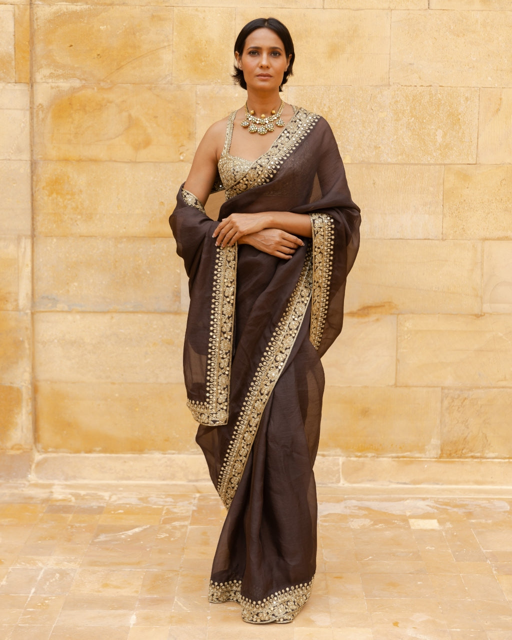 Brown Beige Gold  Embroidered Organza Sari Set