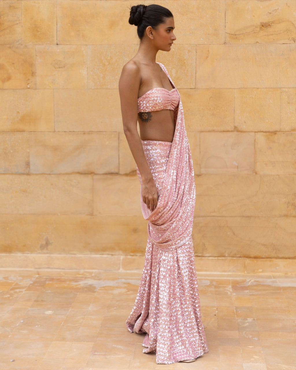 Dusty Pink Sequins Sari Set