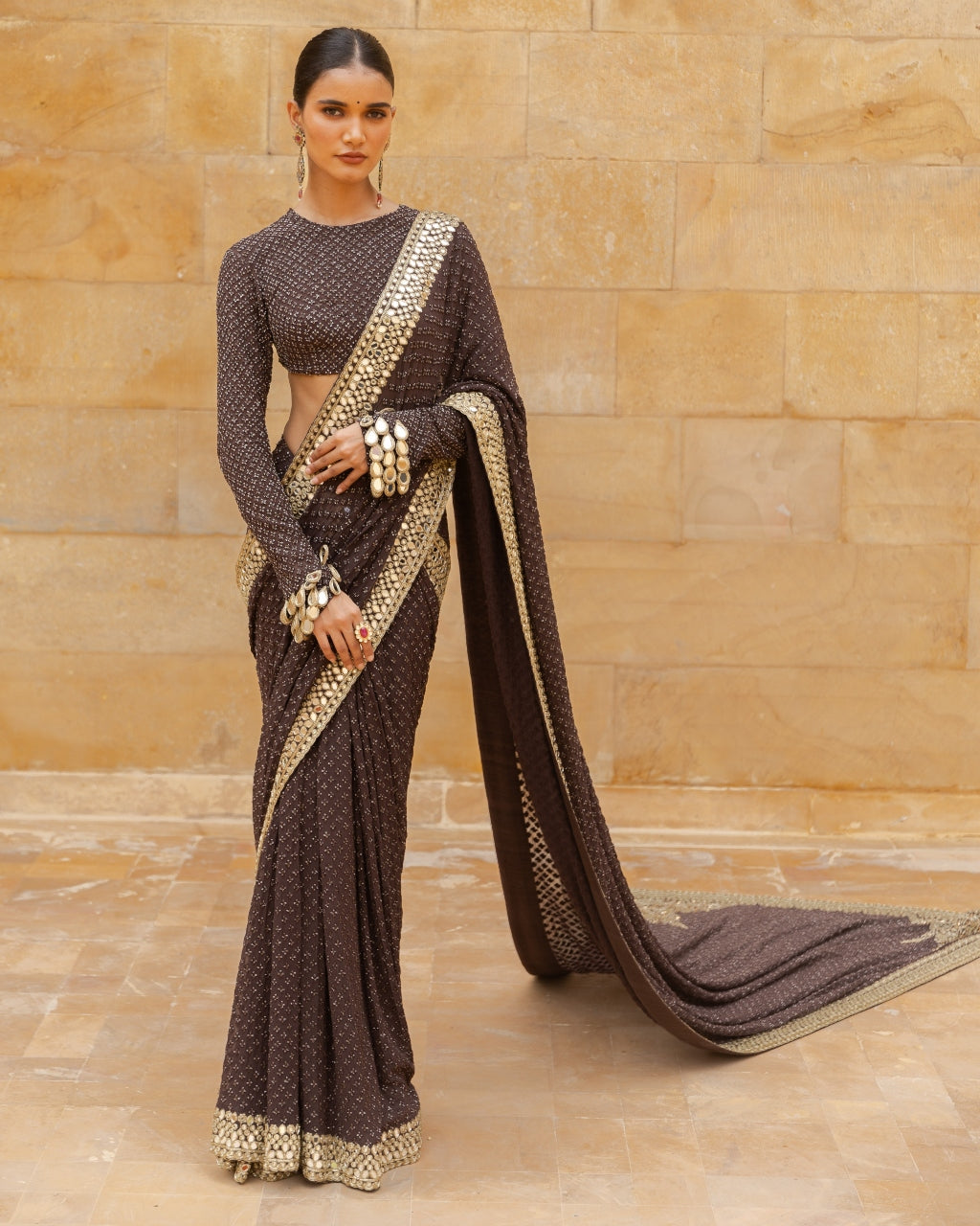 Brown Sequin Beige Gold Self Embroidered Sari Set