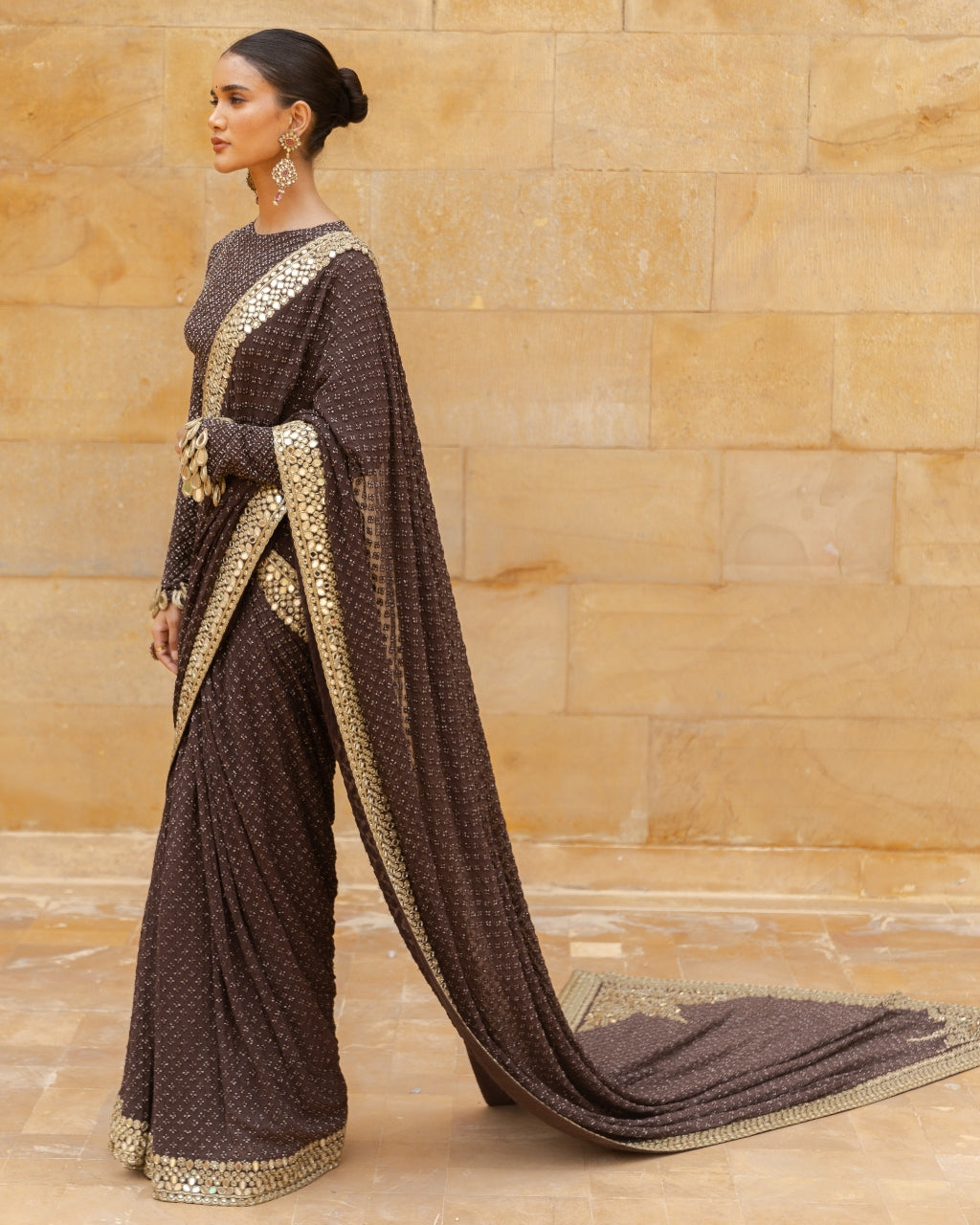 Brown Sequin Beige Gold Self Embroidered Sari Set