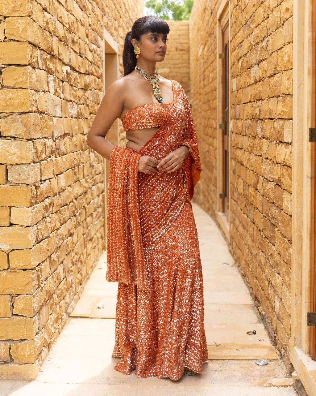 Toasted Orange Sequins Embroidered Sari Set