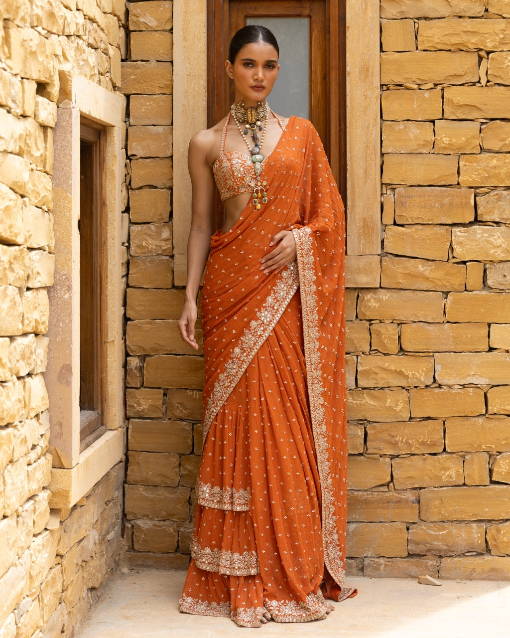 Toasted Orange Embroidered Tiered Sari Set