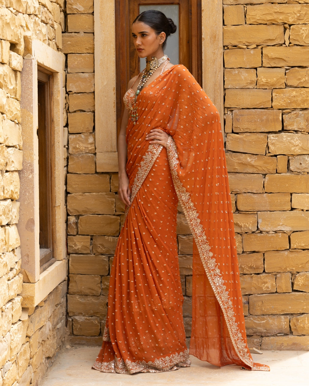 Toasted Orange Embroidered Tiered Sari Set