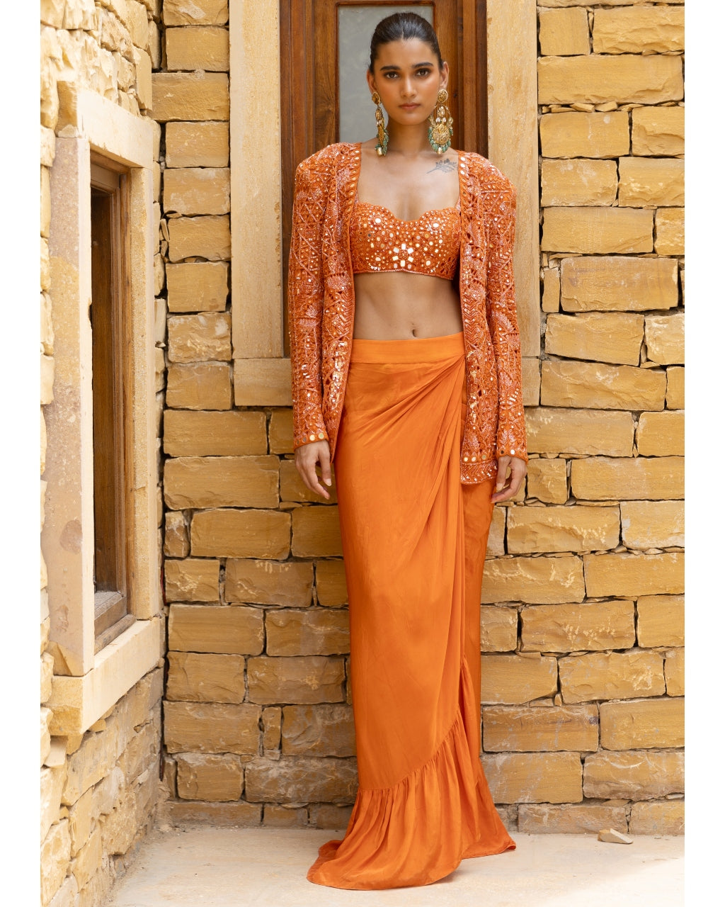 Toasted Orange Embroidered Jacket and Skirt Set