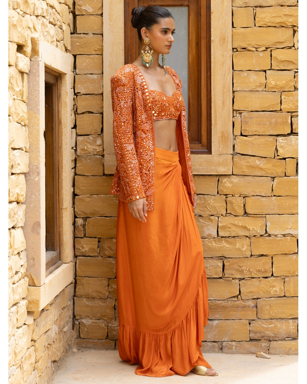 Toasted Orange Embroidered Jacket and Skirt Set