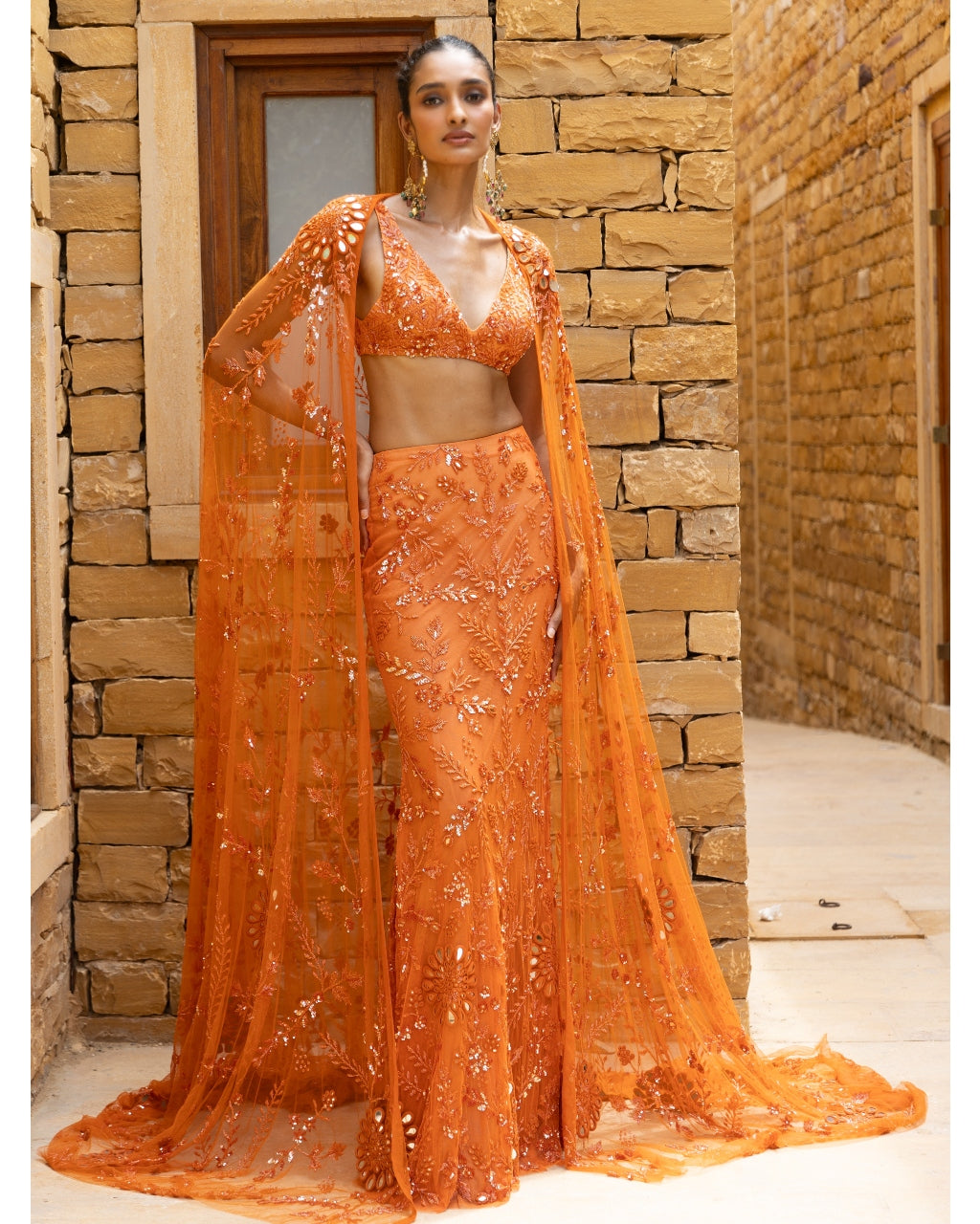 Toasted Orange Embroidered Cape Set