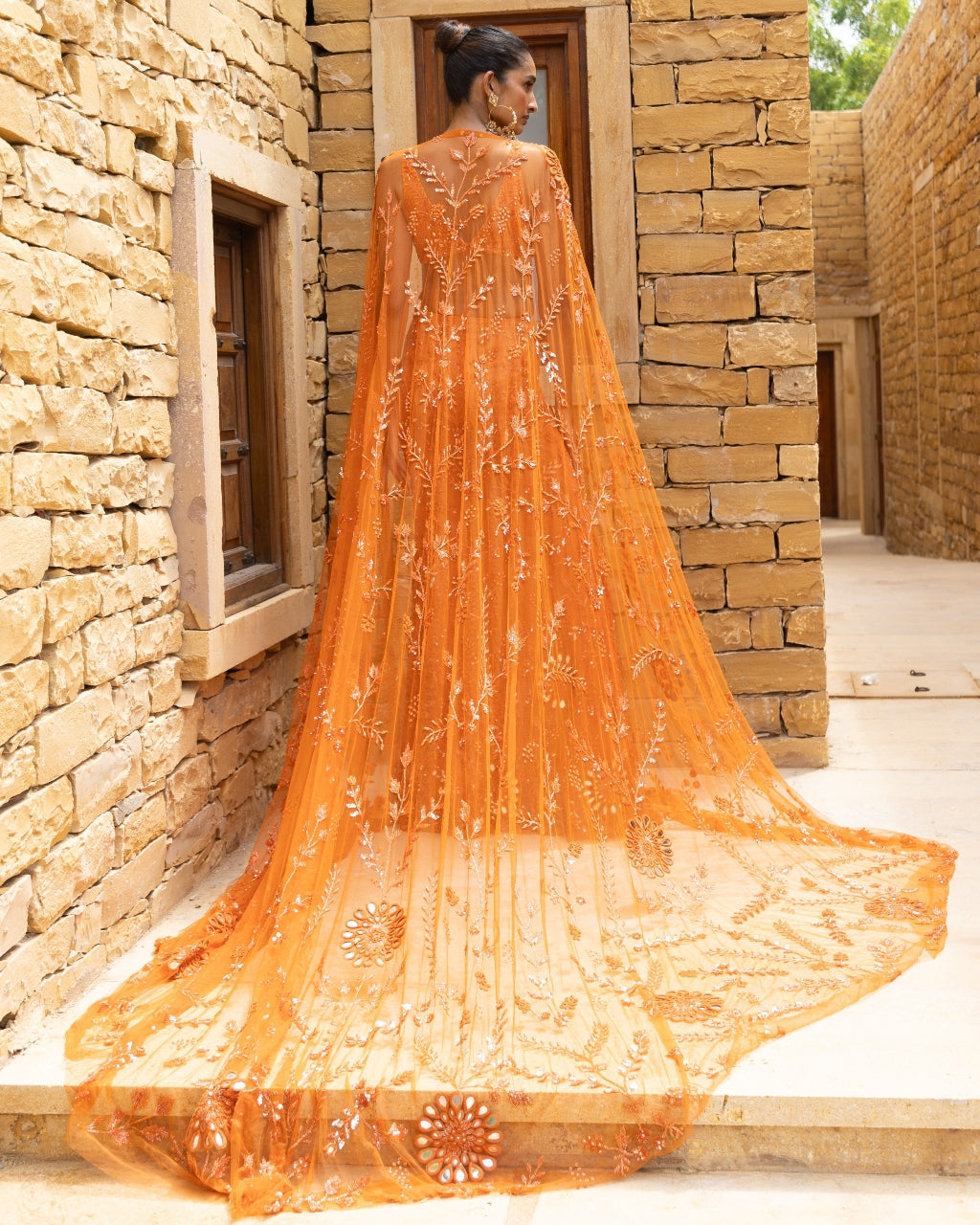 Toasted Orange Embroidered Cape Set