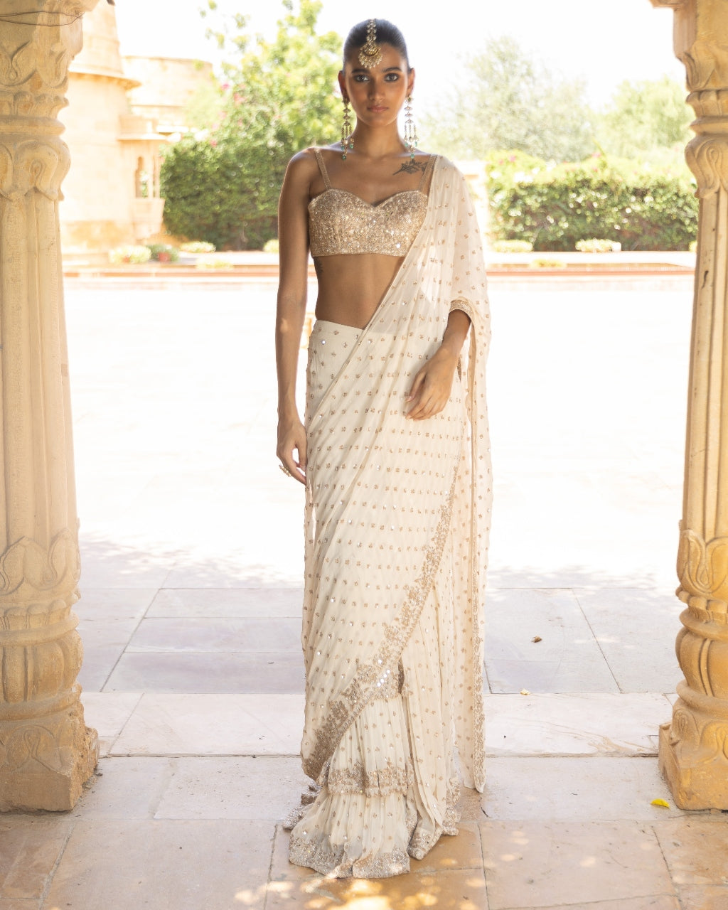 Coconut & Rose Gold Embroidered Sari Set