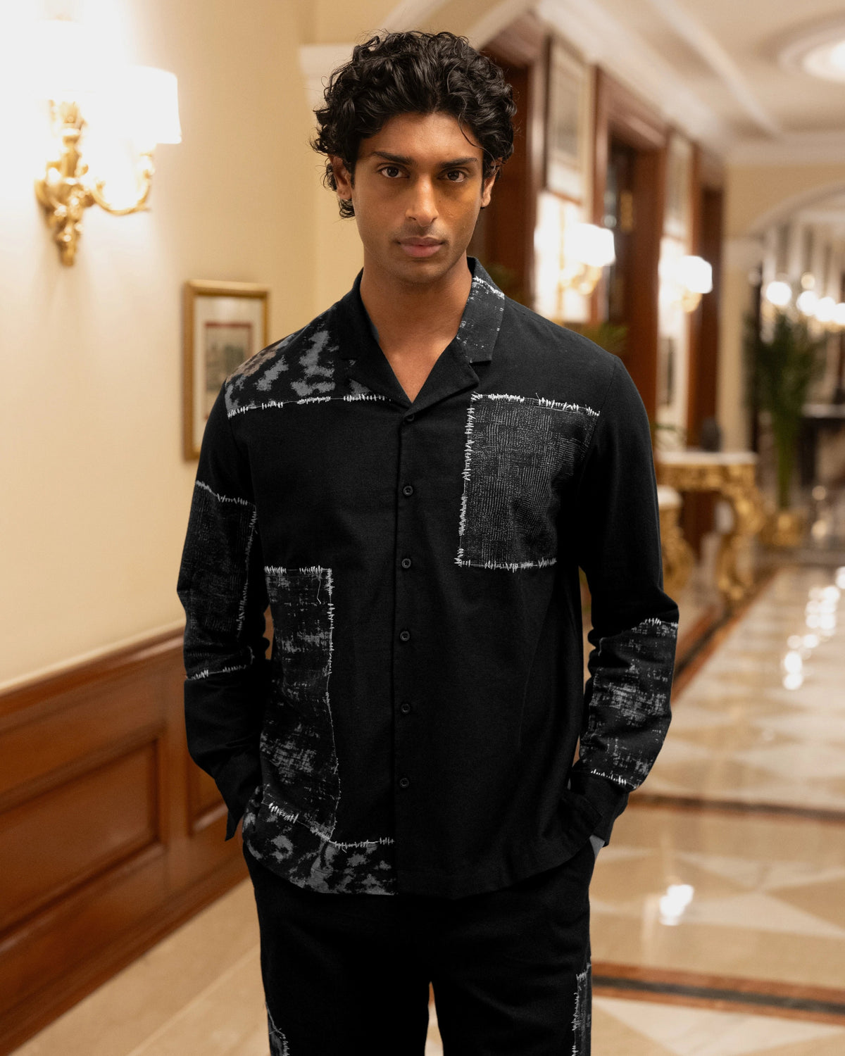 Black Patchwork Linen Shirt & Pants