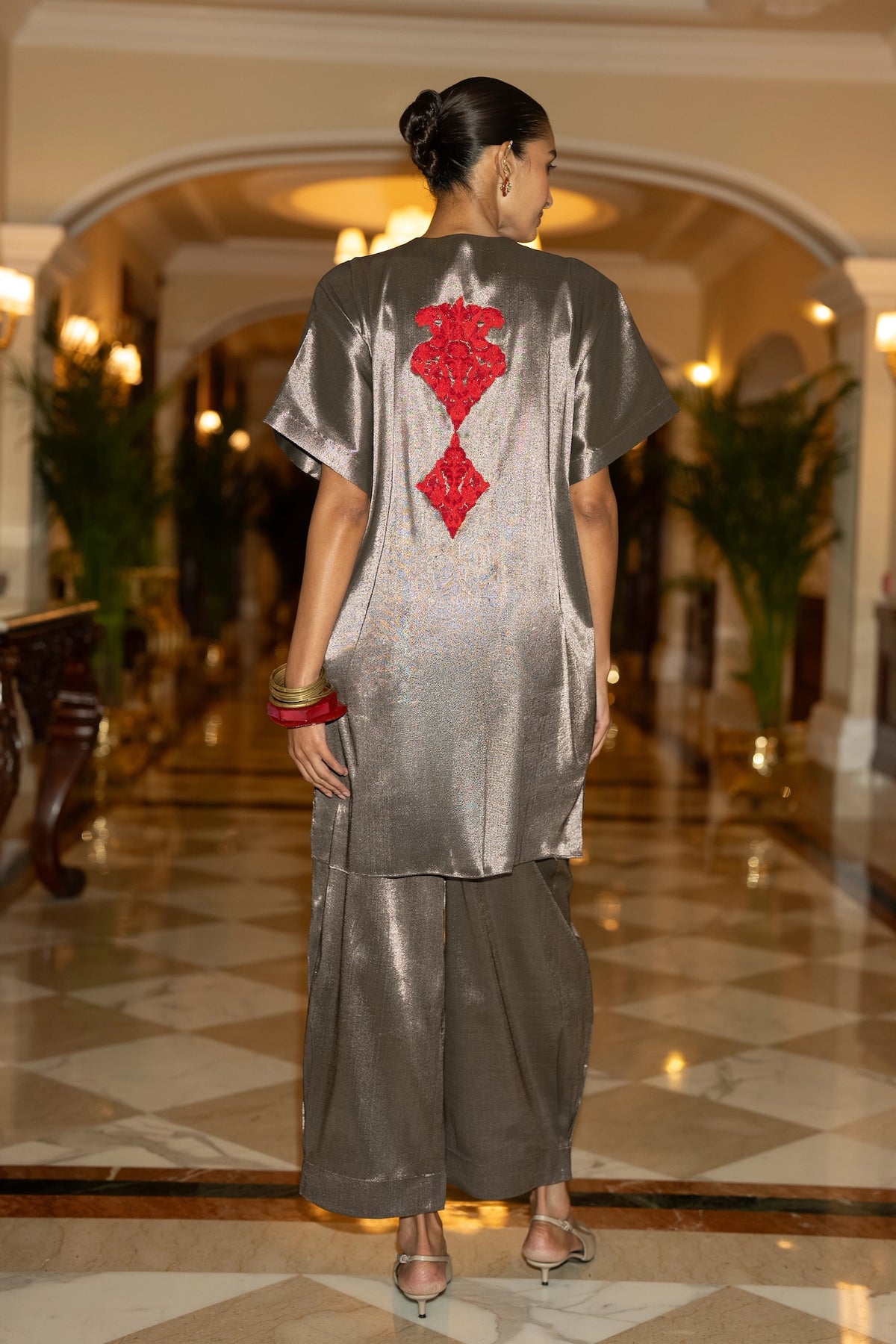 Pewter Embroidered Tissue Pant Set
