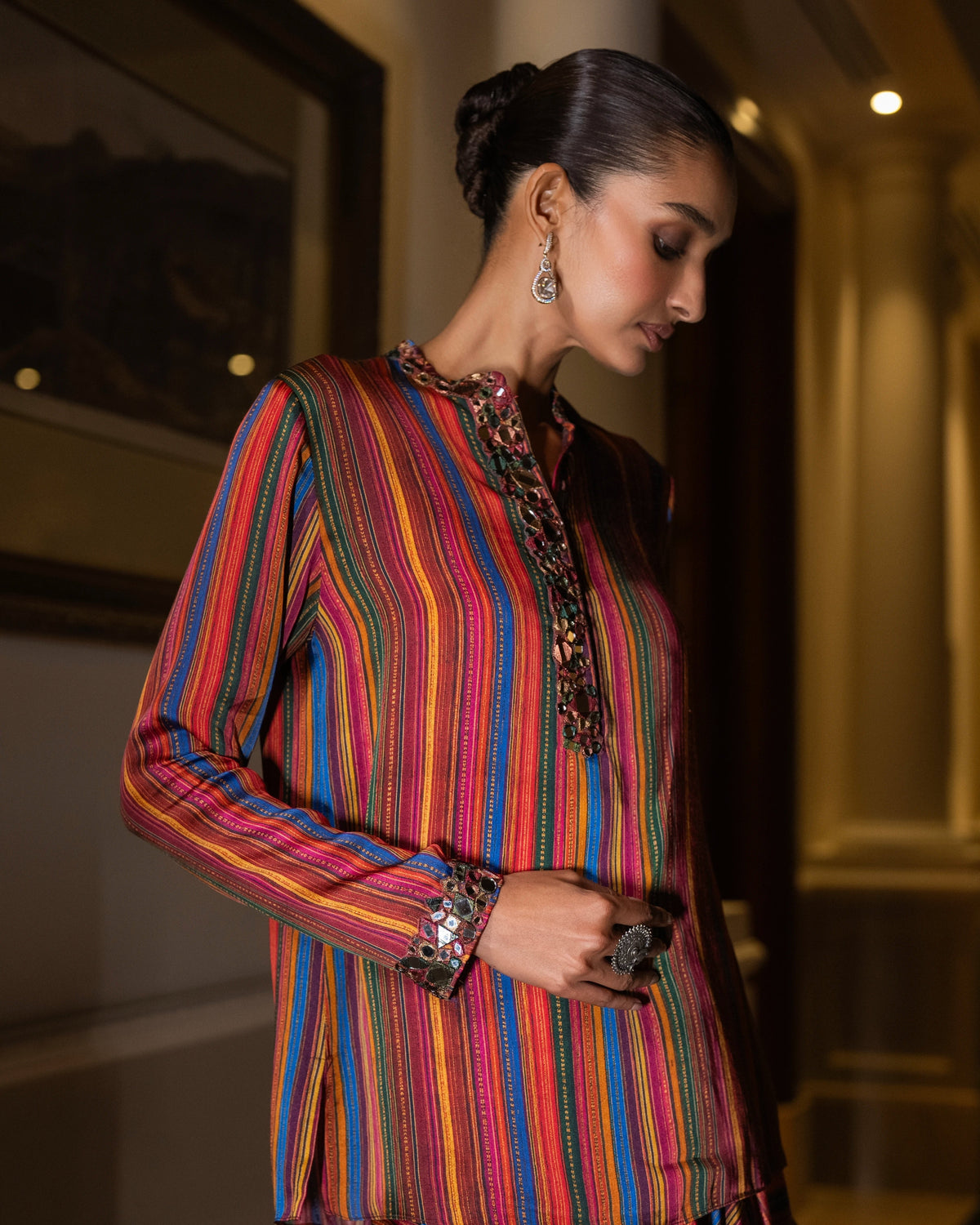 Multicolour Mirrorwork Drape Skirt Set