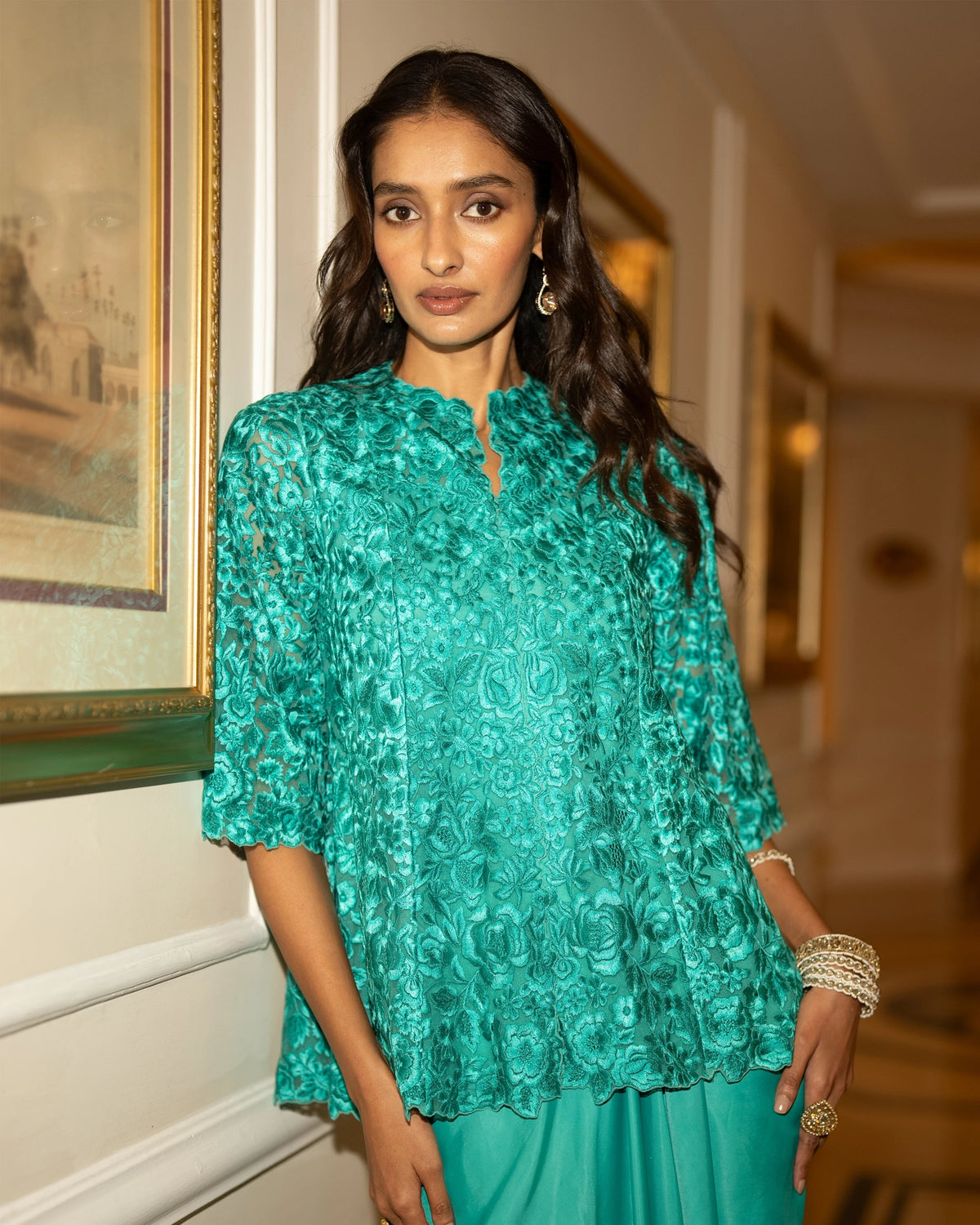 Aqua Embroidered Drape Skirt Set