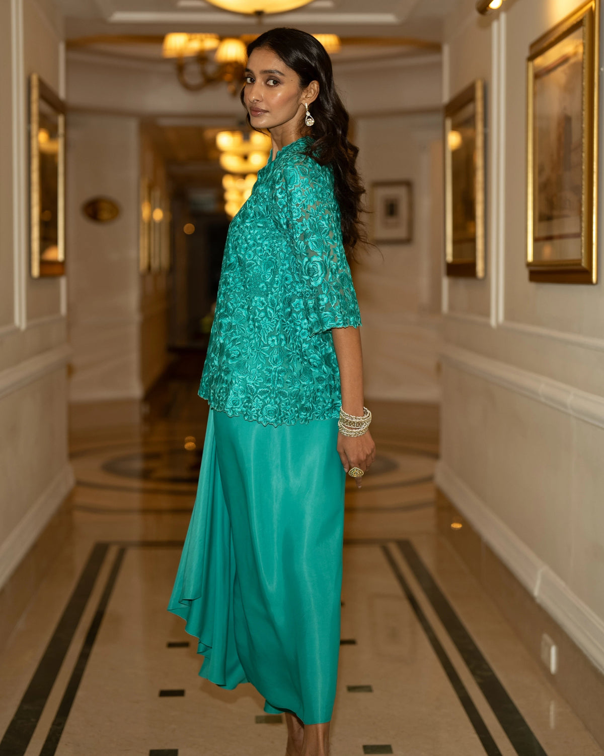 Aqua Embroidered Drape Skirt Set