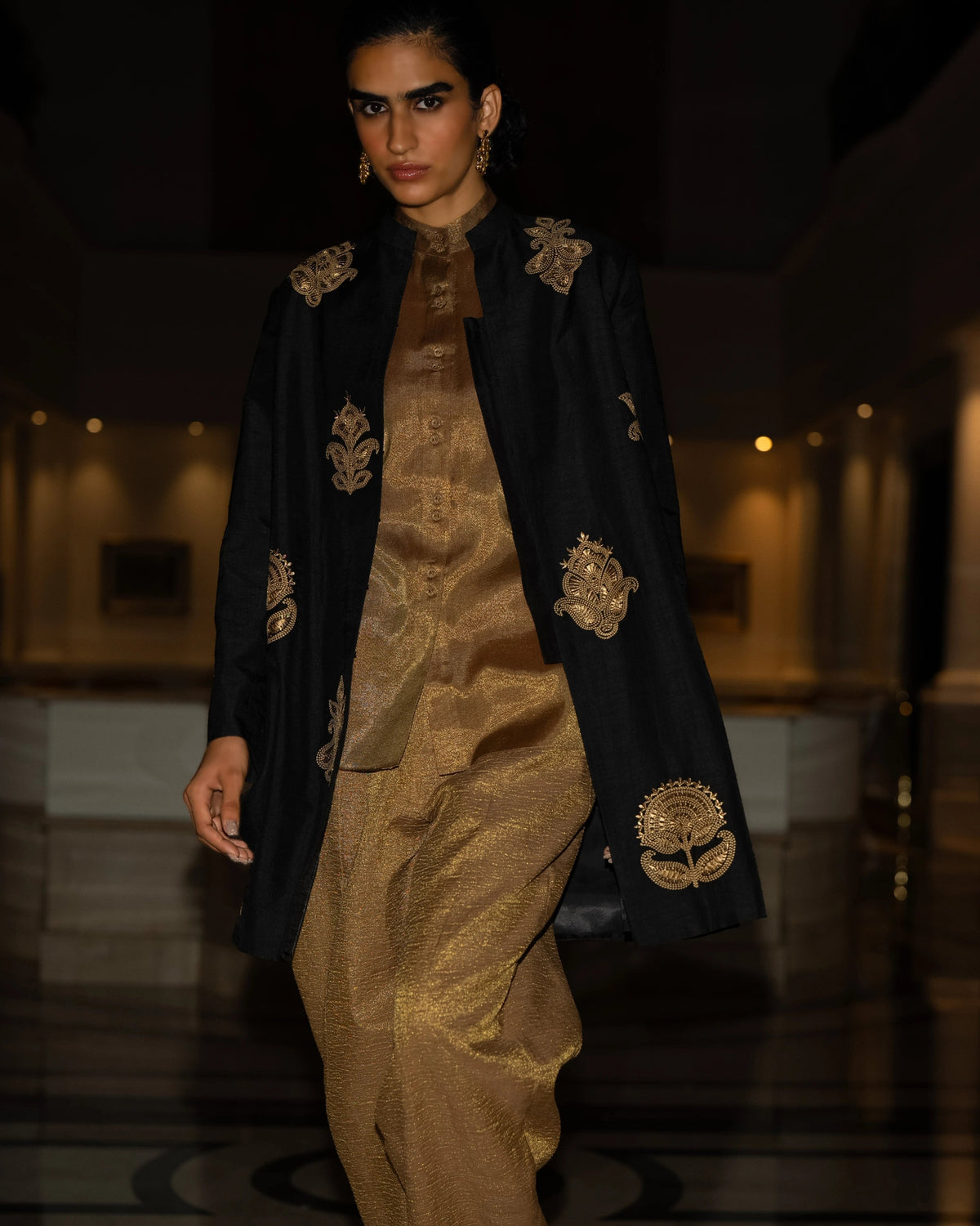 Black Gold Embroidered Jacket Set