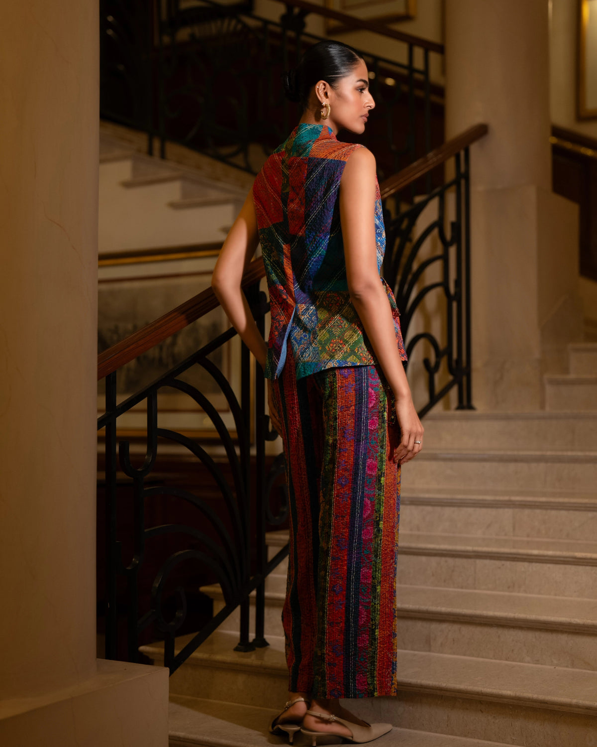 Multicolour Kantha Waistcoat Pant Set