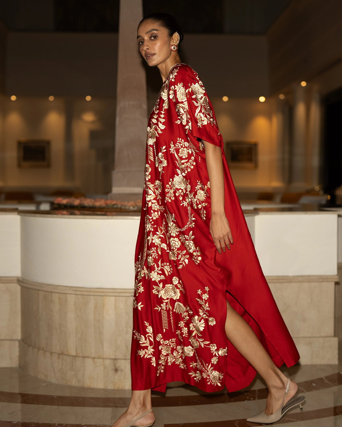 Red Gara Embroidered Kaftan Dress