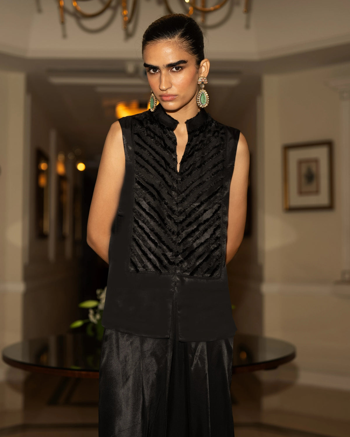 Black Textured Waistcoat Pant Set