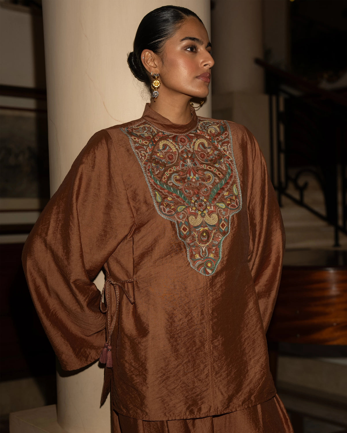 Rust Embroidered Bib Skort Set