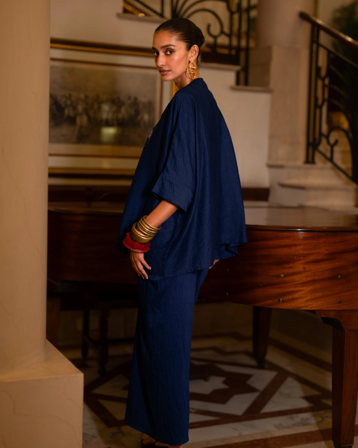 Cobalt Embroidered Drape Skirt Set