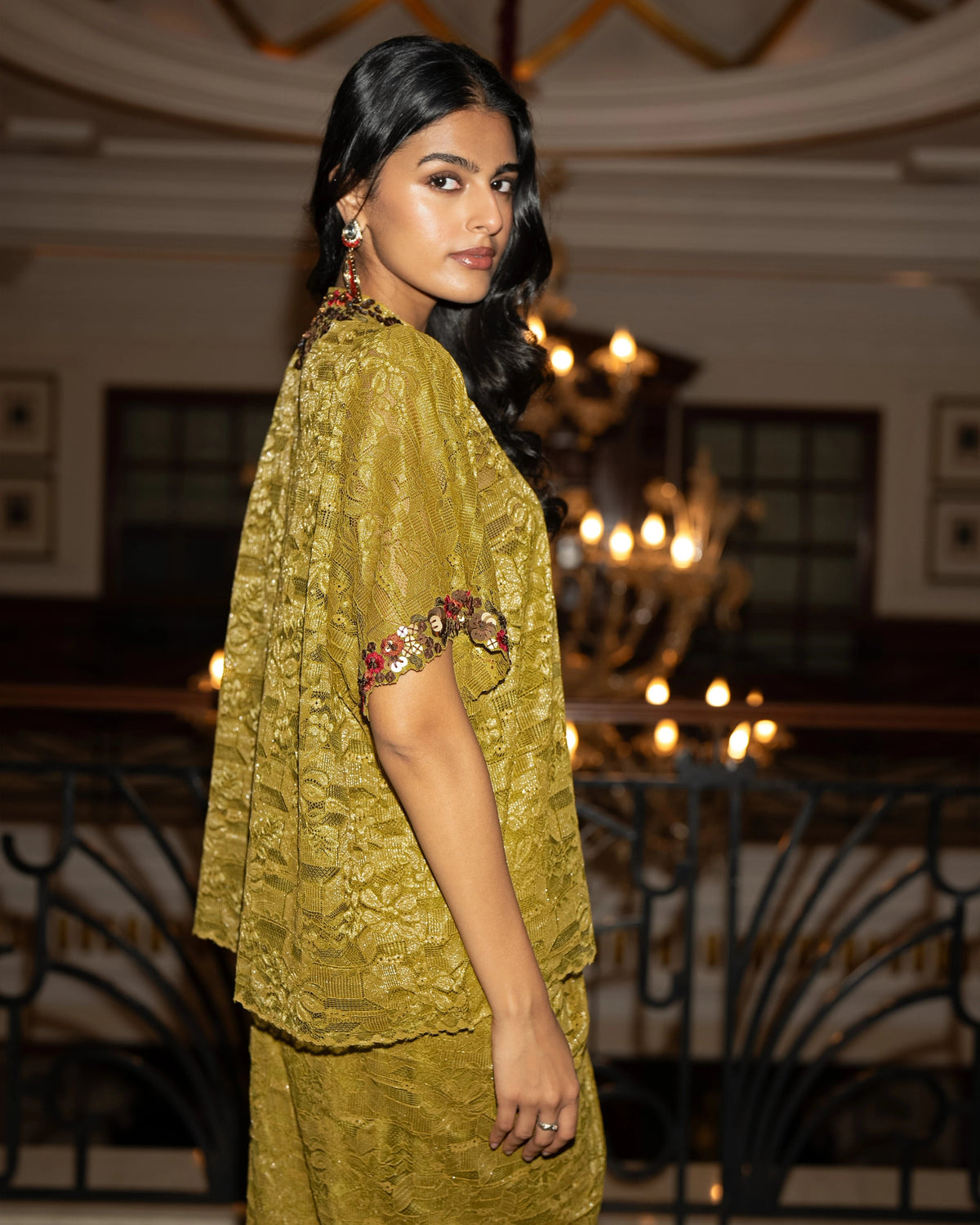 Olive Gold Lace Skirt Set