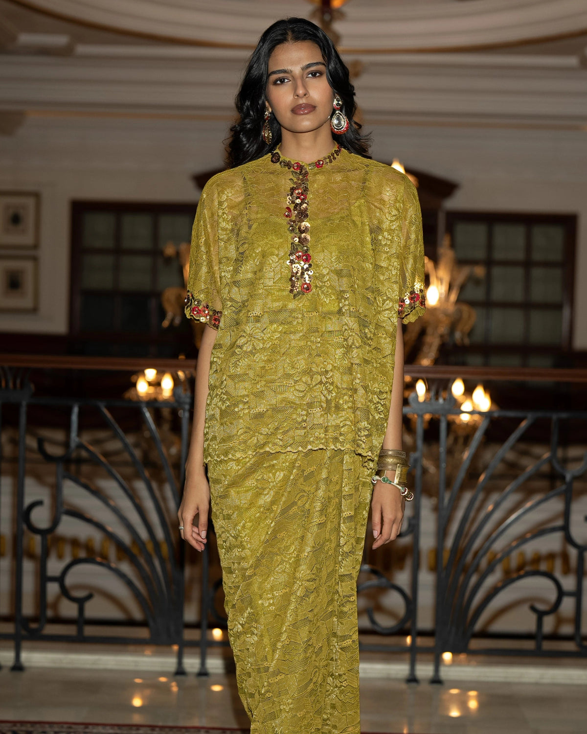 Olive Gold Lace Skirt Set