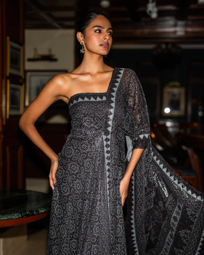 Monochrome Sequin Sari Drape Gown