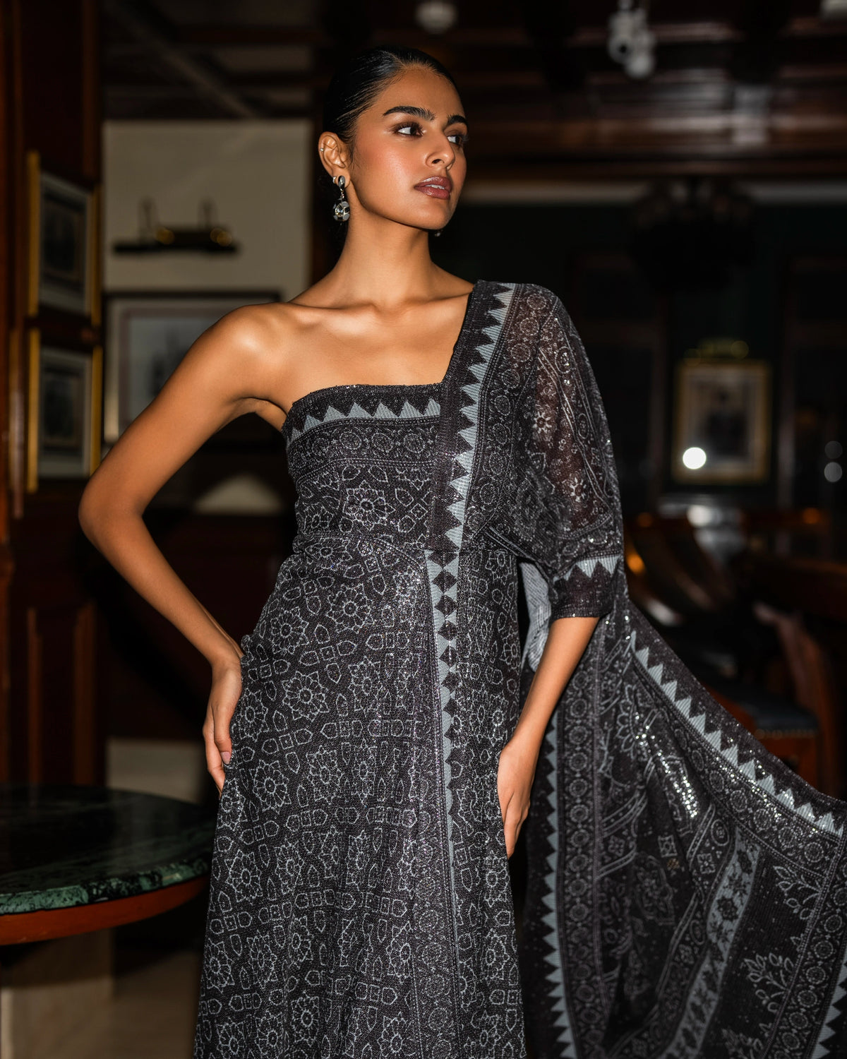 Monochrome Sequin Sari Drape Gown
