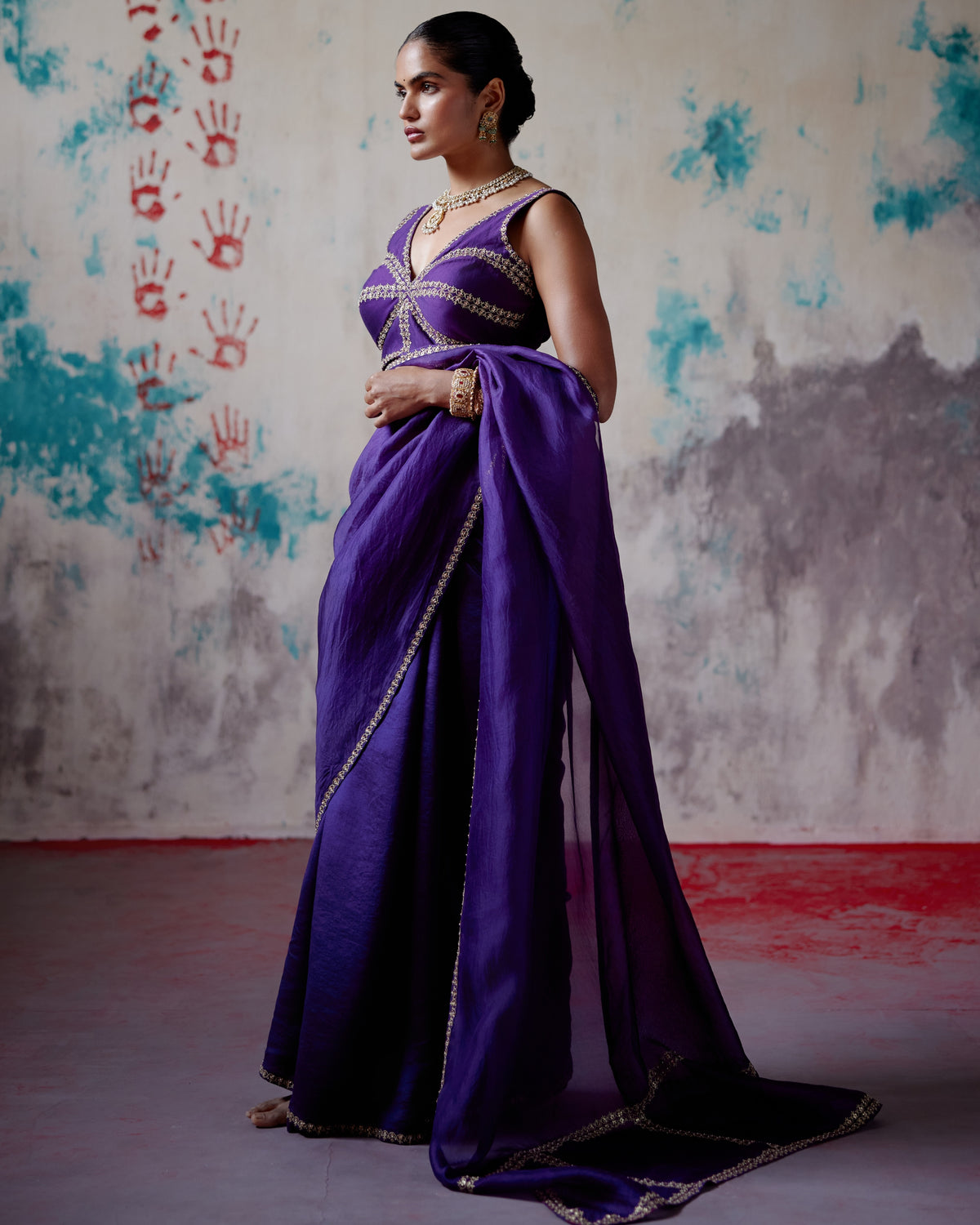 Purple Corset Blouse With Half N Half Sari