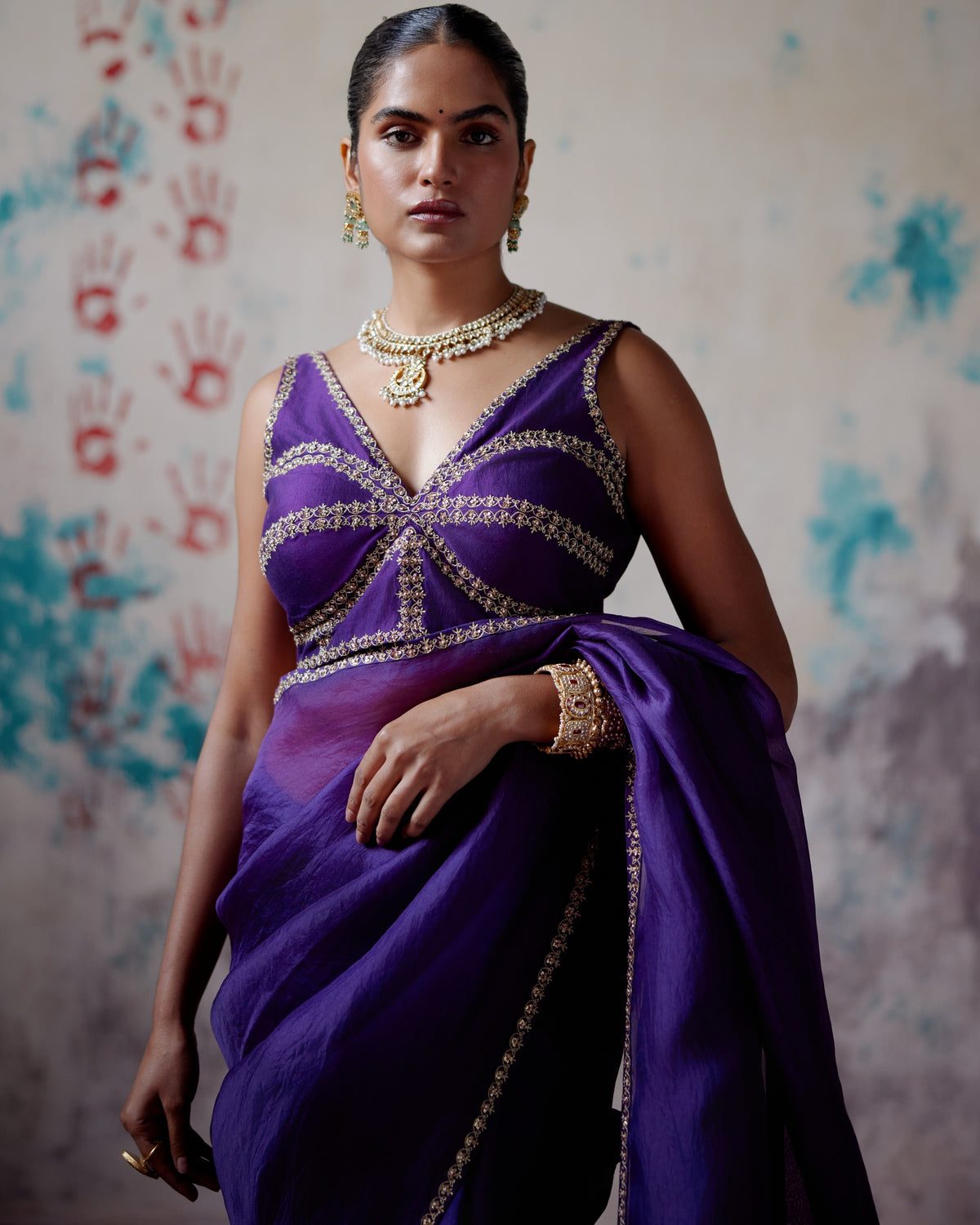 Purple Corset Blouse With Half N Half Sari