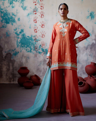 Rust Orange Short Kurta Sharara Set