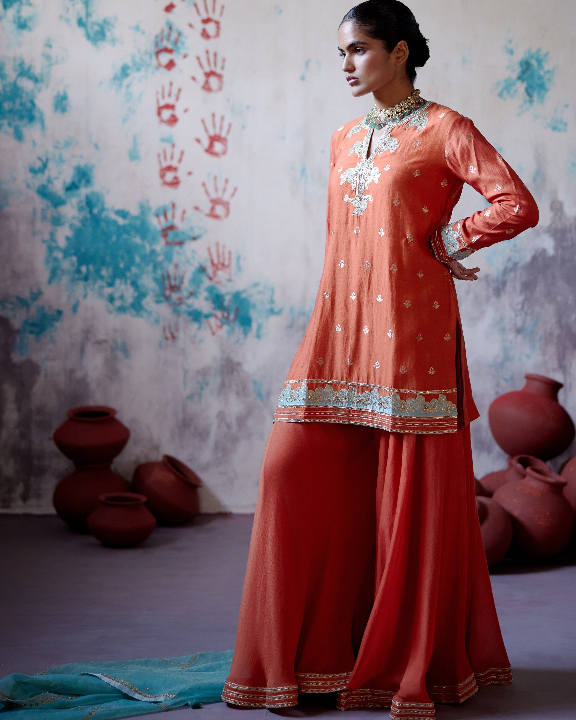 Rust Orange Short Kurta Sharara Set