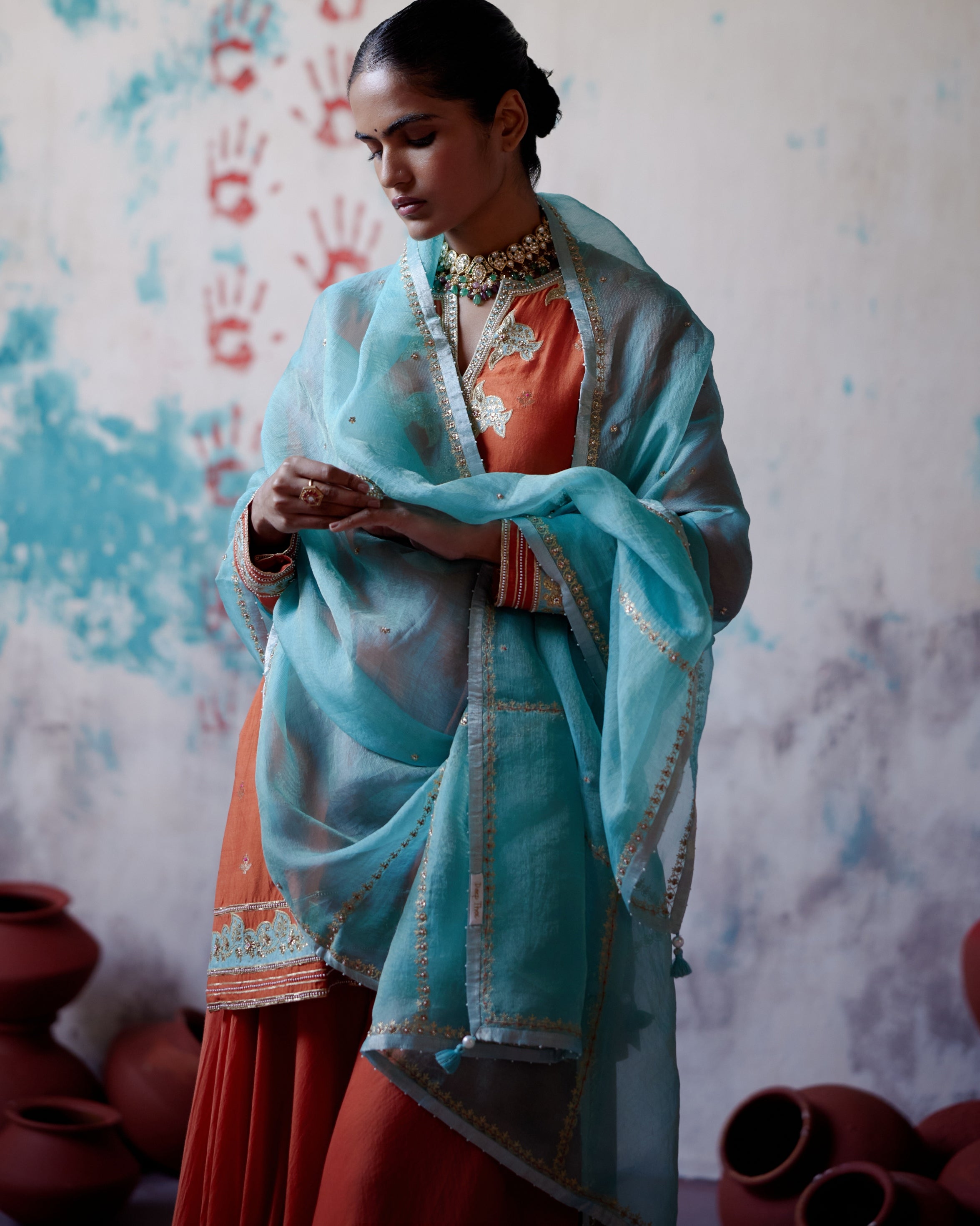 Rust Orange Short Kurta Sharara Set