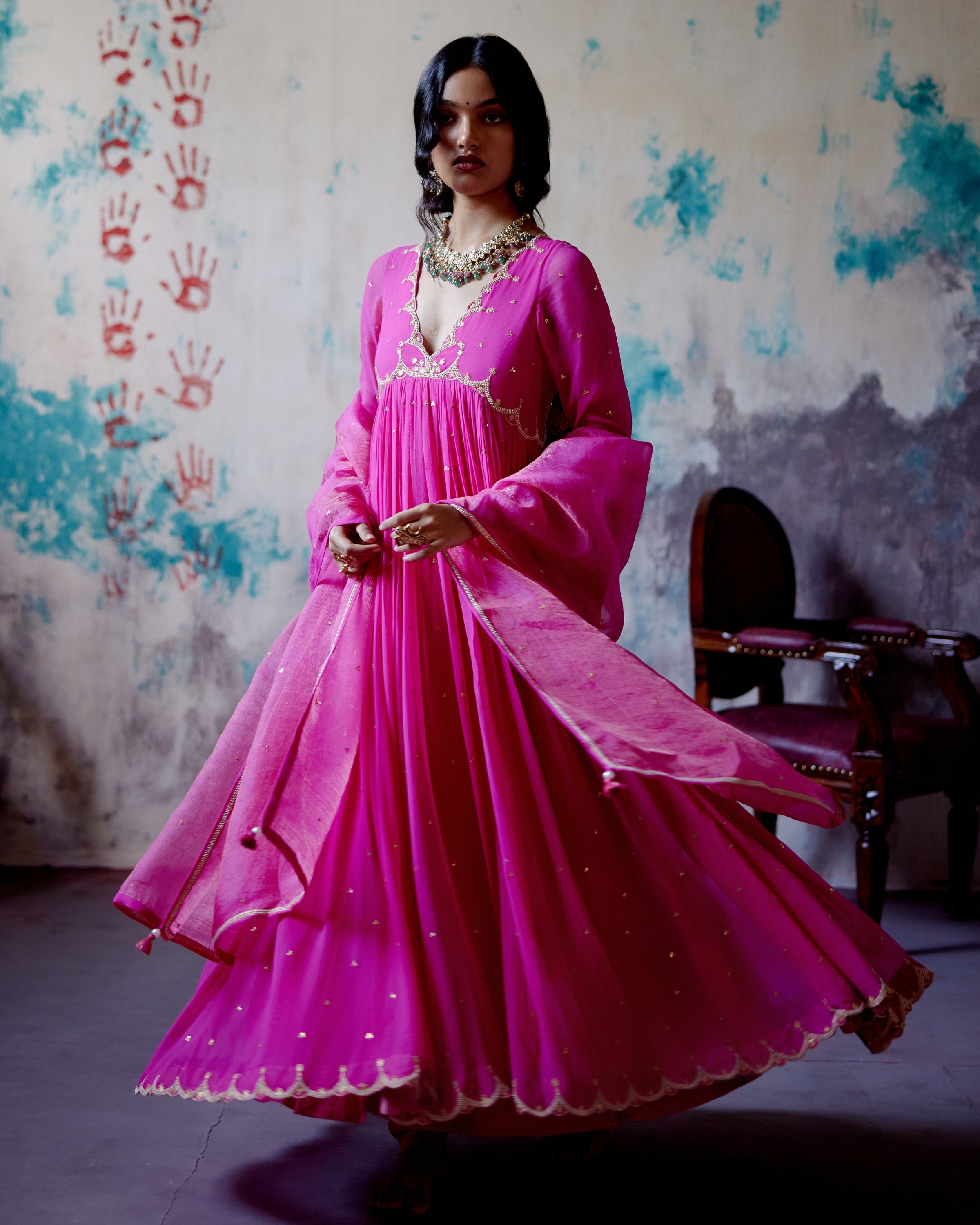 Fuchsia Pink Gather Anarkali Set