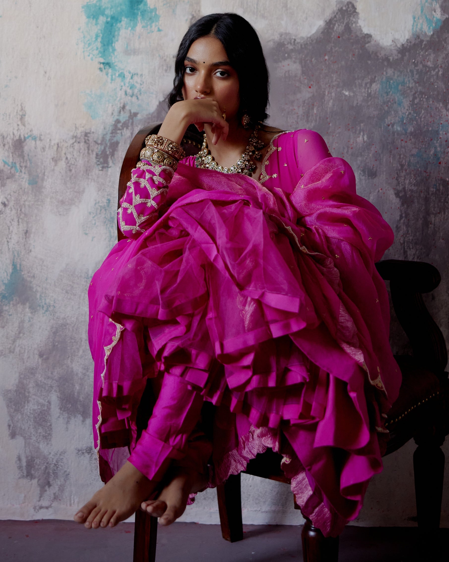 Fuchsia Pink Gather Anarkali Set